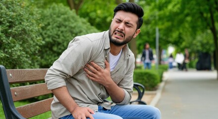Obraz premium Young asian male experiencing chest pain outdoors in park setting for health awareness concepts