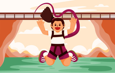 Woman bungee jumping off a Bridge, capturing the thrill and excitement of extreme outdoor adventure sports, Vector, Illustration