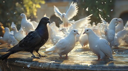 Fototapeta premium A black crow stands among a lively group of white doves splashing in a fountain under soft sunlight.