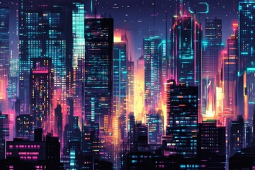 Fototapeta premium Neon Cityscape Night Lights Illuminated Towers