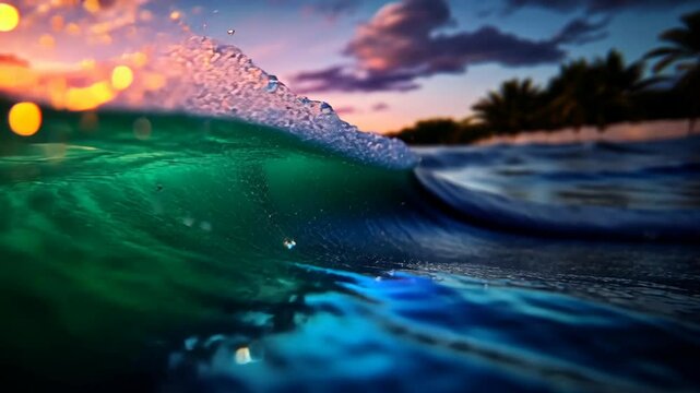 slow motion under wave with water splash and beach as background