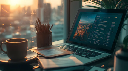 Fototapeta premium Laptop displaying cruise vacation booking website with a cup of coffee and city view at sunset
