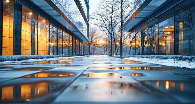 A modern urban pedestrian walkway surrounded by contemporary buildings with facades of glass, metal, and stone. The walkway is paved with smooth tiles and features leafless trees, in a winter season.