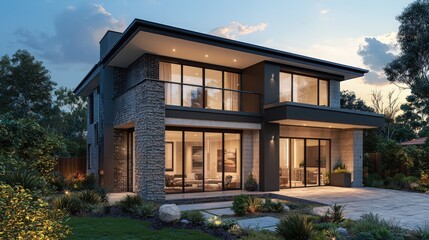 Fototapeta premium Modern two-story house with large windows and landscaped garden at dusk