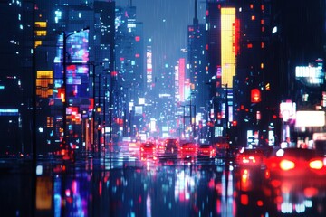 Fototapeta premium Cyberpunk Cityscape Rain Illuminated Night Street