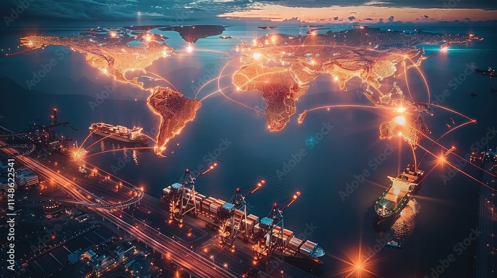 Leinwandbilder a stunning world map glowing with illuminated trade routes connecting multiple continents. the scene