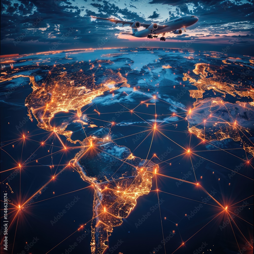 Poster A stunning world map glowing with illuminated trade routes connecting multiple continents. The scene exudes connectivity, logistics, and international trade with vibrant lines of movement glowing.