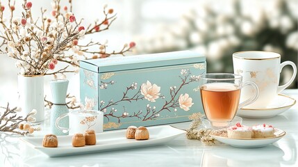 Elegant tea set with turquoise gift box and cherry blossoms in soft pastel spring composition