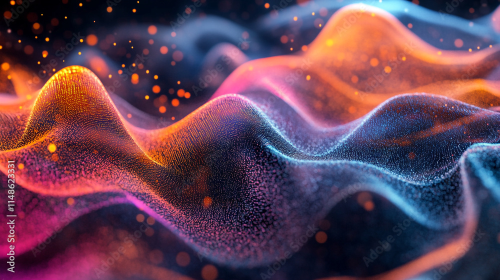 Poster colorful abstract waves withlowing particles in a dynamic composition.