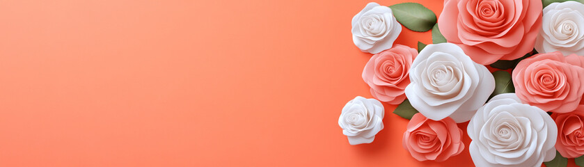 Fototapeta premium Elegant paper roses arranged gracefully on a soft, peach-colored background.
