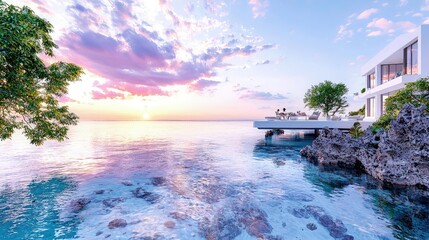 Oceanfront villa at sunset, couple relaxing on deck.