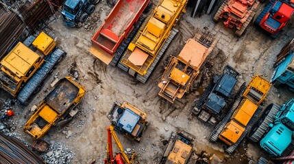 Aerial view of construction machinery arranged at a worksite.