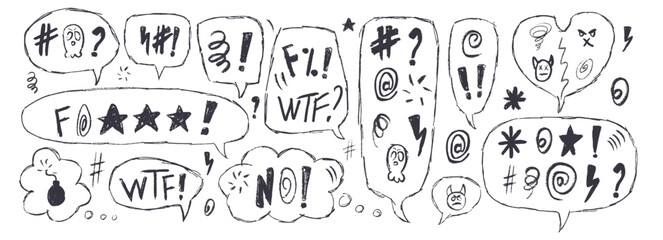 Speech bubbles with swear words. Curse crayon doodle line text. Bad bulling expression on chat dialog boxes. Aggressive hate isolated on white background. Vector hand drawn insult illustration