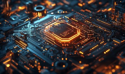 Close-up of a futuristic circuit board with glowing components.