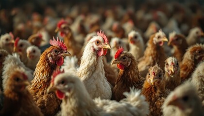 Naklejka premium A Dense Gathering of Chickens in a Coop: A Close-Up View of Poultry Farming