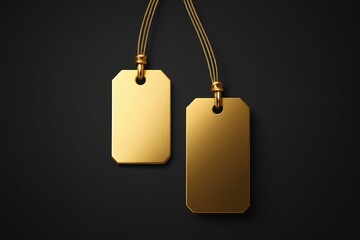 two gold tags hanging on a black background