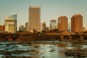 The Richmond skyline and James River in Richmond, Virginia