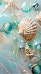 Seashells and starfish on azure background. Abstract sea wallpaper