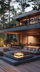 Elegante casa moderna en el bosque con terraza de madera, chimenea al aire libre y grandes ventanales iluminados al atardecer