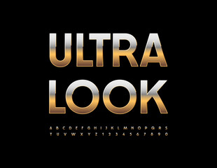 Vector Premium emblem Ultra Look. Elegant Metallic Font. Chic Gold Alphabet Letters and Numbers set