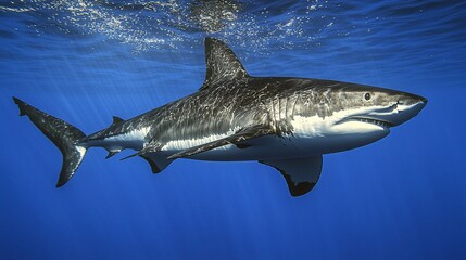 Fototapeta premium Underwater shot of a large shark swimming in blue ocean water.
