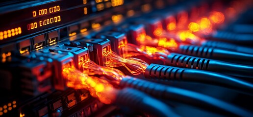 Close-up of illuminated server connections in a data center.