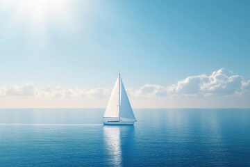 White sailboat glides on calm blue ocean under sunny sky with clouds. Tranquil seascape suggests peaceful vacation adventure on sea. Luxury yacht embodies travel, leisure. Daytime scene beautiful