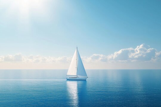 White sailboat glides on calm blue ocean under sunny sky with clouds. Tranquil seascape suggests peaceful vacation adventure on sea. Luxury yacht embodies travel, leisure. Daytime scene beautiful