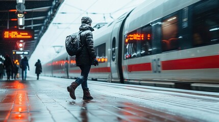 In winter, the high-speed train passes by. A man is walking forward on the platform with a bag on his back.