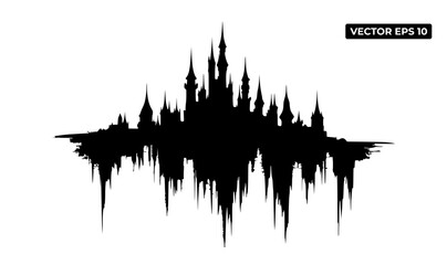 A silhouette of a castle with spires and peaks, designed for graphic resources.