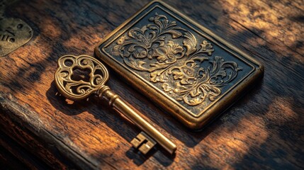 Vintage brass key and ornate Victorian lock on textured wooden table with soft light