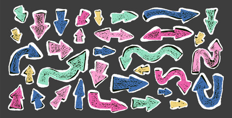 Obraz premium Arrow collage set crayon drawing Pointers isolated. Navigation marks. Scribble doodle paper signs. Vector hand drawn illustration.