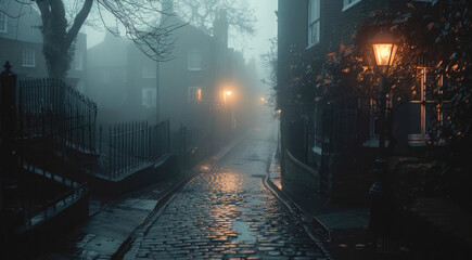 A street during blackout, faint gaslight illuminating cobblestones. The air feels haunted, mist...