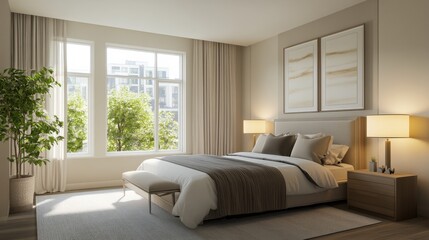 Fototapeta premium Modern minimalist bedroom with clean, elegant design. Featuring neutral tones and sleek furnishings