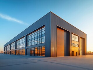 Fototapeta premium Modern industrial warehouse building with expansive windows, large garage door. Warm sunlight illuminates exterior facade against clear blue sky. Exterior design sleek, contemporary. Building