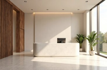 Minimalist reception interior lobby with desk and pc computer, information center. Registration and...