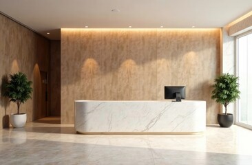 Minimalist reception interior lobby with desk and pc computer, information center. Registration and office check-in space in company or hotel lobby. Mock up empty copy space wall