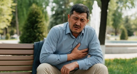 Obraz premium Concerned middle-aged asian man experiencing chest pain on park bench