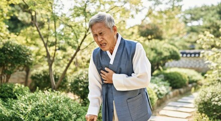 Elderly asian man experiencing chest pain outdoors in traditional clothing amidst nature