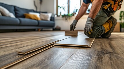 Home renovation project with a worker installing laminate flooring indoors