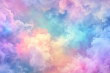 Fototapeta premium A bright, multi-colored background with fluffy clouds and a watercolor effect, creating a cheerful and colorful sky. Perfect for banners, invitations, or artistic projects