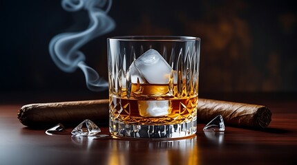 A glass of whiskey with ice and a Cuban cigar on a wooden table on a dark background. Men's club banner idea