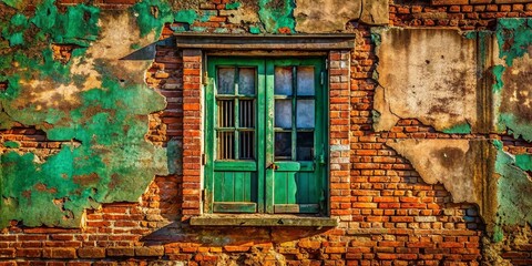Aerial View Abstract Grungy Red Wall Green Window - Old Building Photography