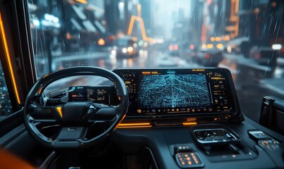 Futuristic vehicle dashboard with a digital interface and cityscape view.