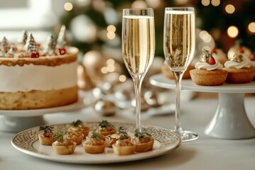 Naklejka premium Elegant New Year Eve dinner table setting. Sparkling champagne glasses, gourmet appetizers, and a beautifully decorated cake. Festive and celebratory atmosphere. Luxury dining experience.