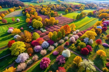 Aerial View Blooming Flowers, Drone Photography Spring Flowers, Colorful Foliage Aerial Shot, Overhead Floral Landscape