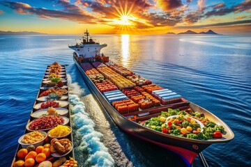 Obraz premium Aerial View Cargo Ship Tanker Bulk Carrier Food Photography - Delicious Meals at Sea