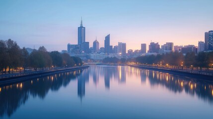 Fototapeta premium Melbourne city skyline reflects on still water at twilight. Skyscrapers and buildings line waterfront. Trees and parkland border the river. Soft light and colorful sky. Peaceful city scene.
