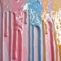 Dripping paint in pastel color palette. Colorful paint dripping and splashes paintbrush row, Color...