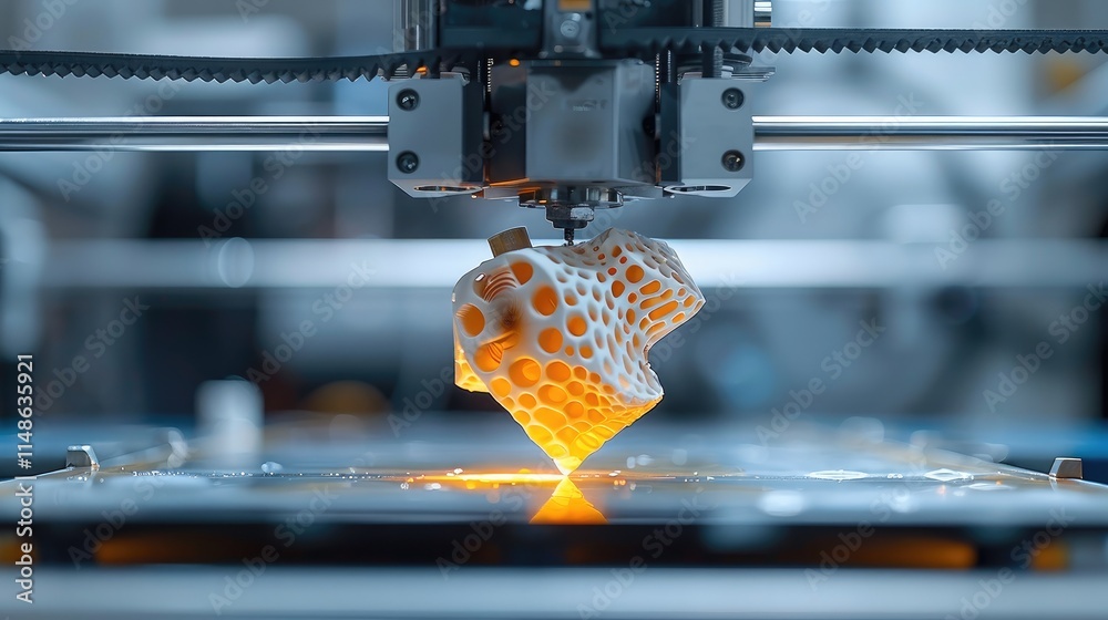 Poster Close-up of an industrial 3D printer in action, printing a mechanical part layer by layer.